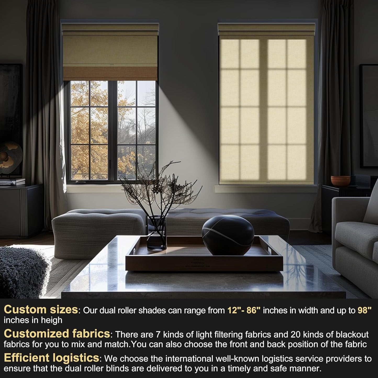 BERISSA Dual Roller Shades with Cassette Valance, Double Blackout and Light Filtering Shades, Day and Night for Home Office Door. Linen Beige. 43 W x 48" H