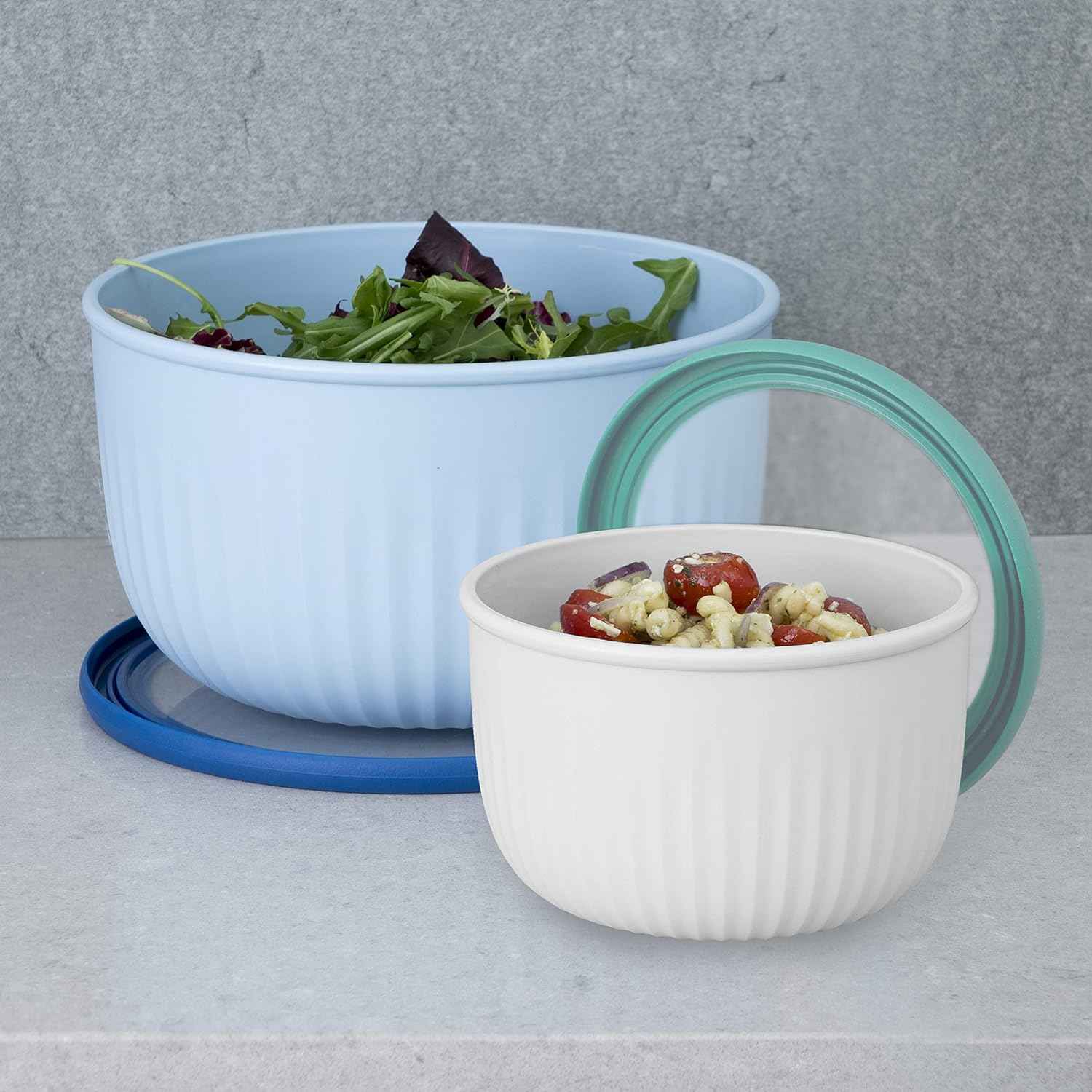 Oggi Set of 4 Prep, Store & Serve Plastic Bowls - w/See-Thru Lids- Dishwasher, Microwave & Freezer Safe, (0.7, 1.4, 2.6, 4 Quarts) - Multicolor