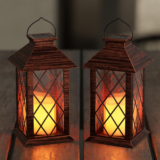 Solar Lanterns Outdoor, Waterproof Garden Hanging Lanterns,13" Outdoor Decorative Lantern with LED Flickering Flameless Candles, Vintage Lantern for Porch, Yard,Patio Decor