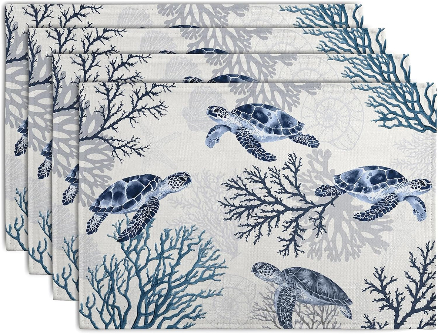Coastal Beach Placemats Set of 4 Nautical Theme Coral Sea Turtle Navy Blue Place Mat 12x18 Inch Seasonal Summer Ocean Washable Linen Fabric Table Mats for Party Kitchen Dining Decoration