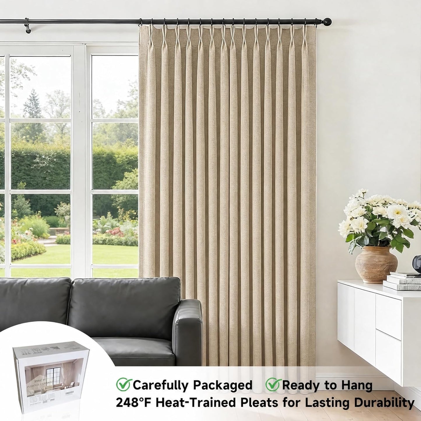 Lirien Pinch Pleated Blackout Curtains for Living Room Bedroom,100% Blackout Linen Textured Double Layer Drapes with Rings & Hooks,2 Panels Set,Oatmeal,45" W x 84" L