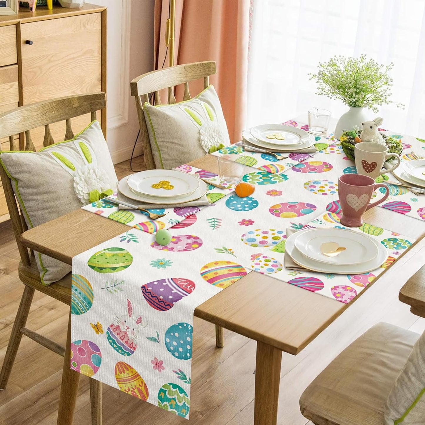 Bonhause Easter Eggs Placemats Set of 4, 12x18 Inch Spring Bunny Floral Seasonal Kitchen Dining Table Mats Washable Place Mats for Indoor Outdoor Home Party Easter Decor