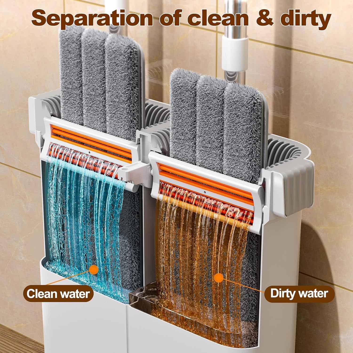 15.7" Flat Mop and Bucket Set with Wringer System | Wet Dry Floor Mop, 6 Reusable Microfiber Pads for Home, Tiny Home, Safe for Hardwood, Tile, Wall & Window Cleaning