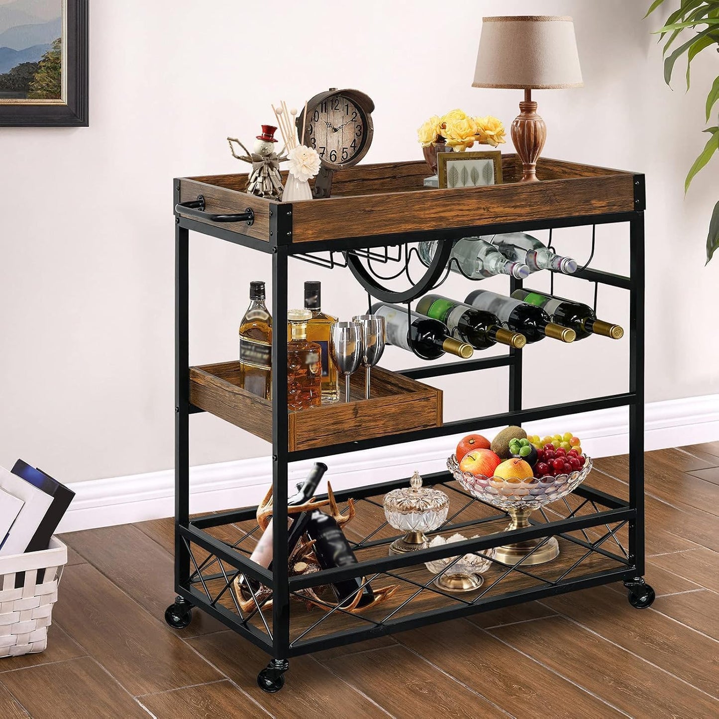 Vintage Bar Cart with Removable Tray and Wheels, Mobile Home Bar Serving Cart with Wine Rack, Glass Holder and Storage Shelves, 3-Tier Rolling Beverage Cart for Home or Patio