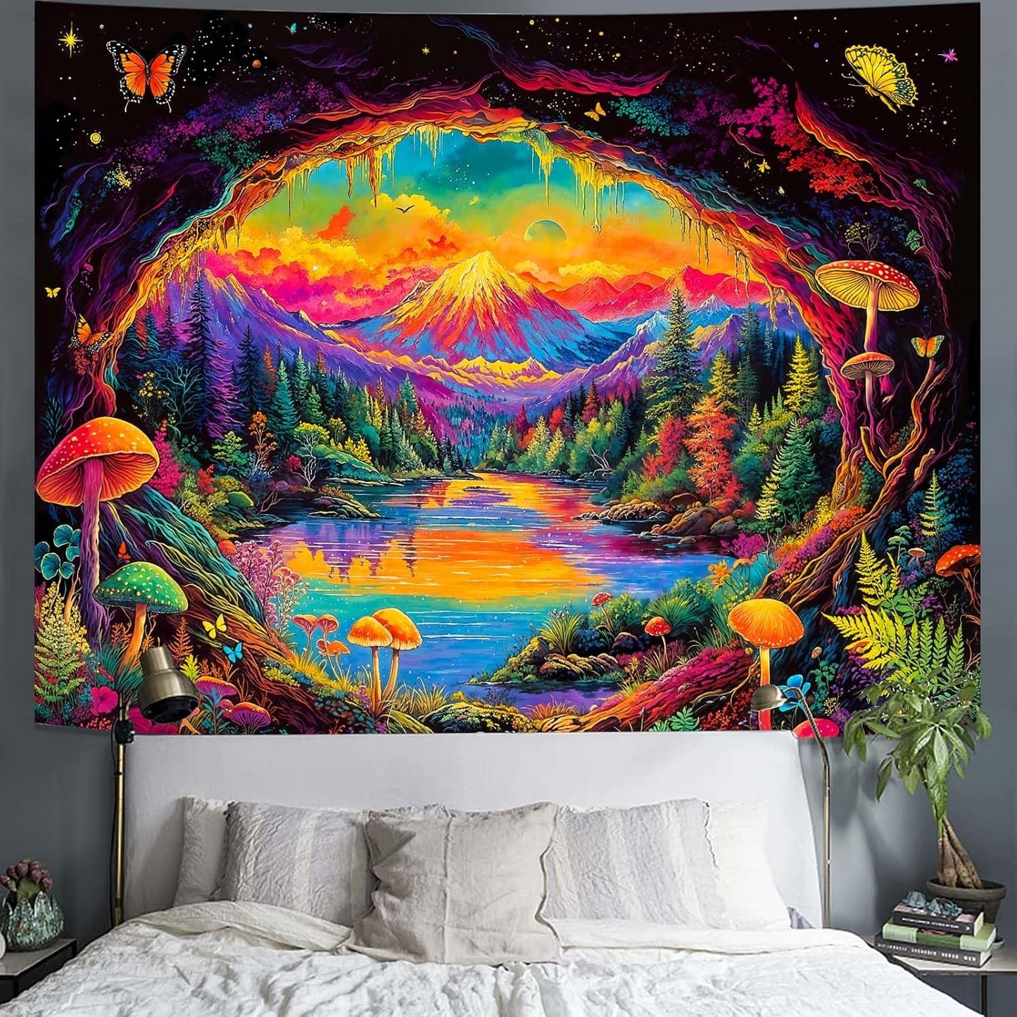 Haibimen Blacklight Landscape Tapestry Wall Hanging Forest Mushroom Aesthetic Tapestries for Bedroom Nature Mountain Lake Wall Art for Living Room, Dorm Decor (lake, 80''×60'')