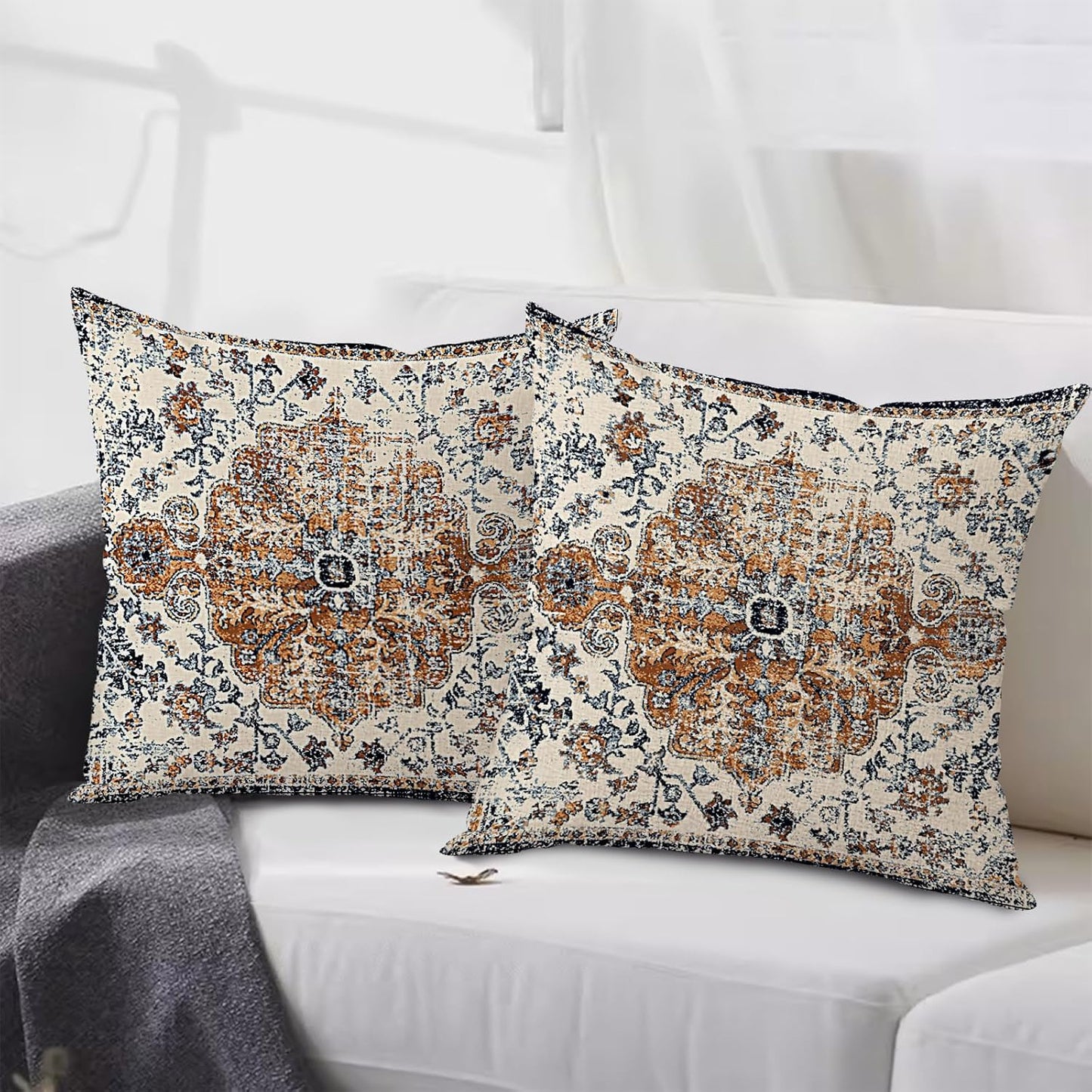 Outdoor Waterproof Pillow Set of 2 - 20x20 Inch Bohemian Vintage Carpet Pattern Pillow Covers - Gold Blue Ethnic Design - Decorative for Couch, Garden, Balcony