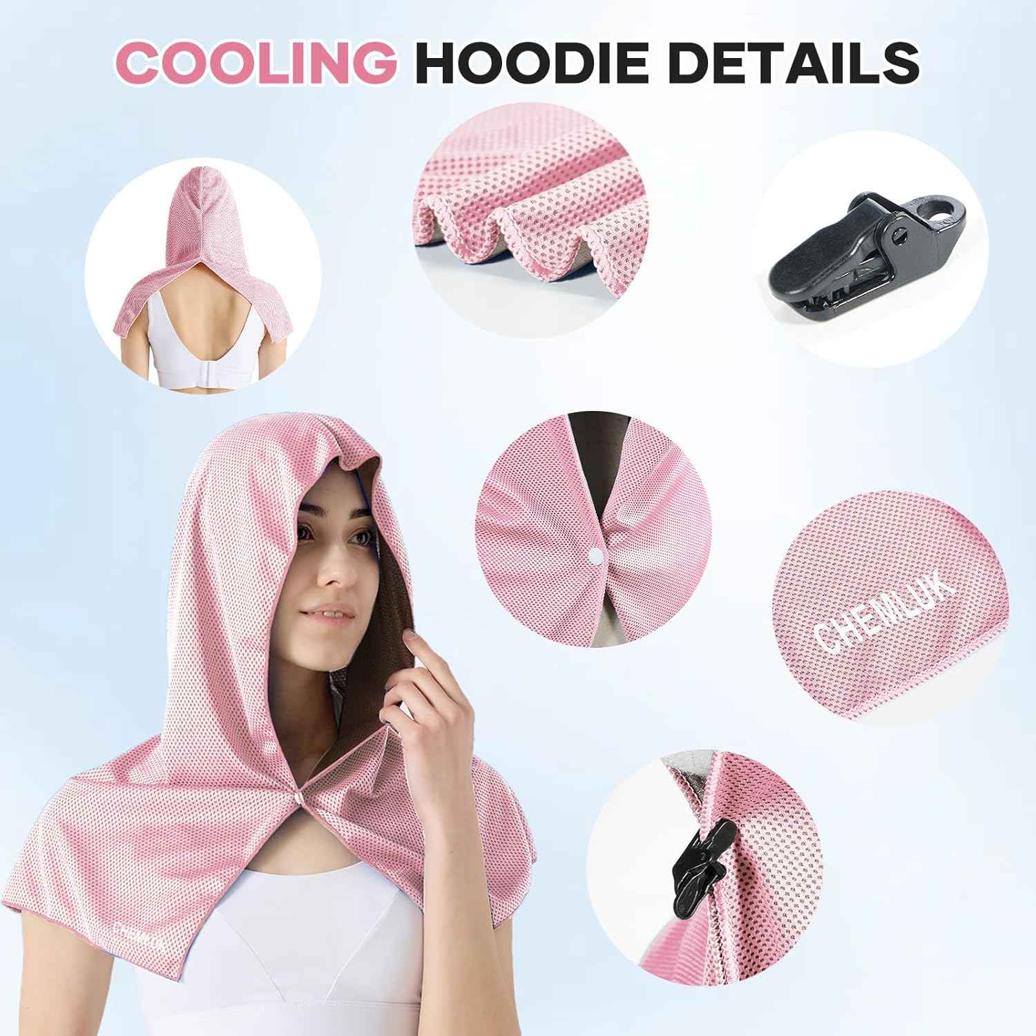 Cooling Hoodie Towel Women: Cooling Towels for Neck and Face, Instant Cool When Wet, UPF 50 Sun Protection, Cool Towel for Hot Weather, Great for Sports, Gym, Golf, Camping - Pink