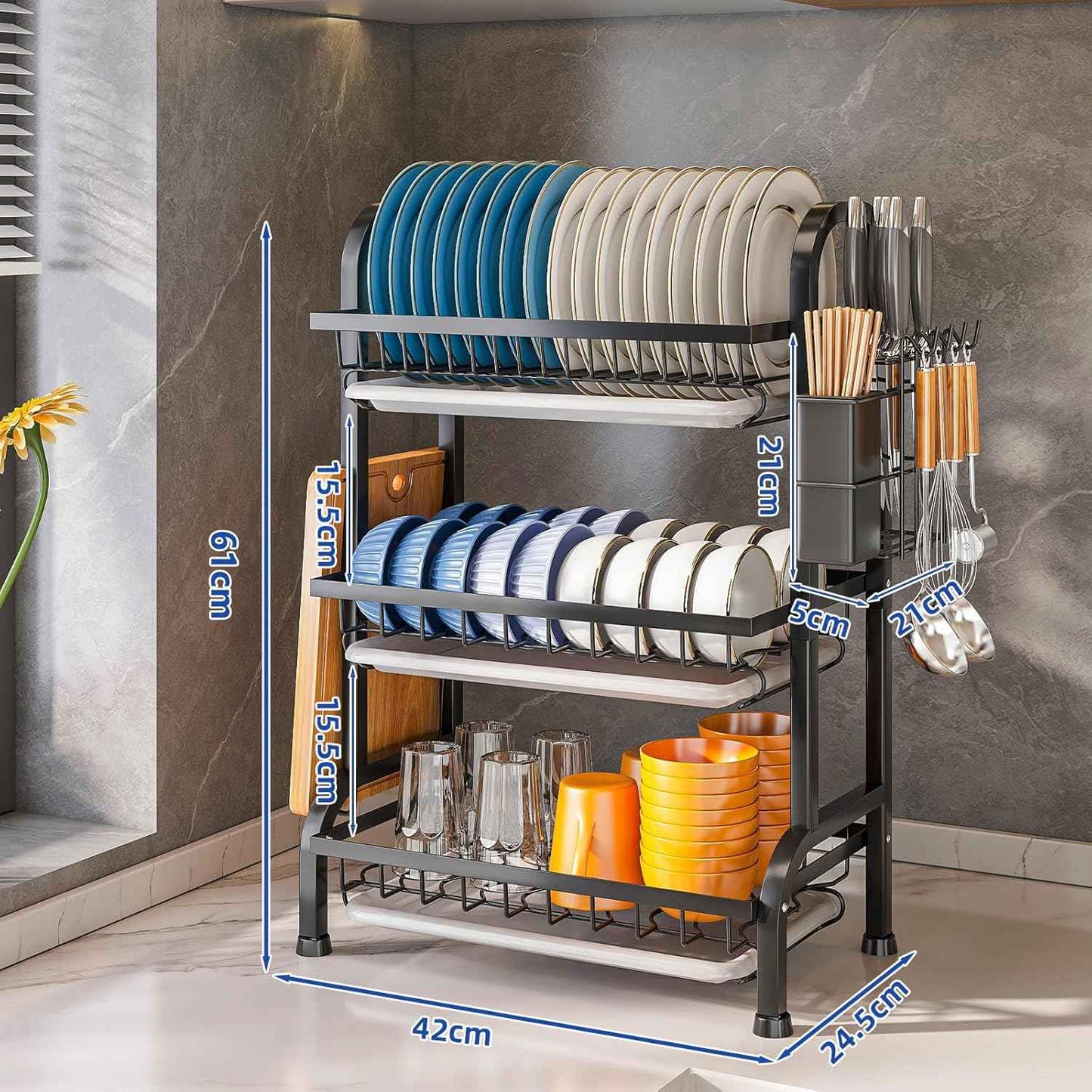 Dish Drying Rack 3 Tier Large Capacity Kitchen Dish Draining Rack Countertop Cultery Drainer with Drip Tray