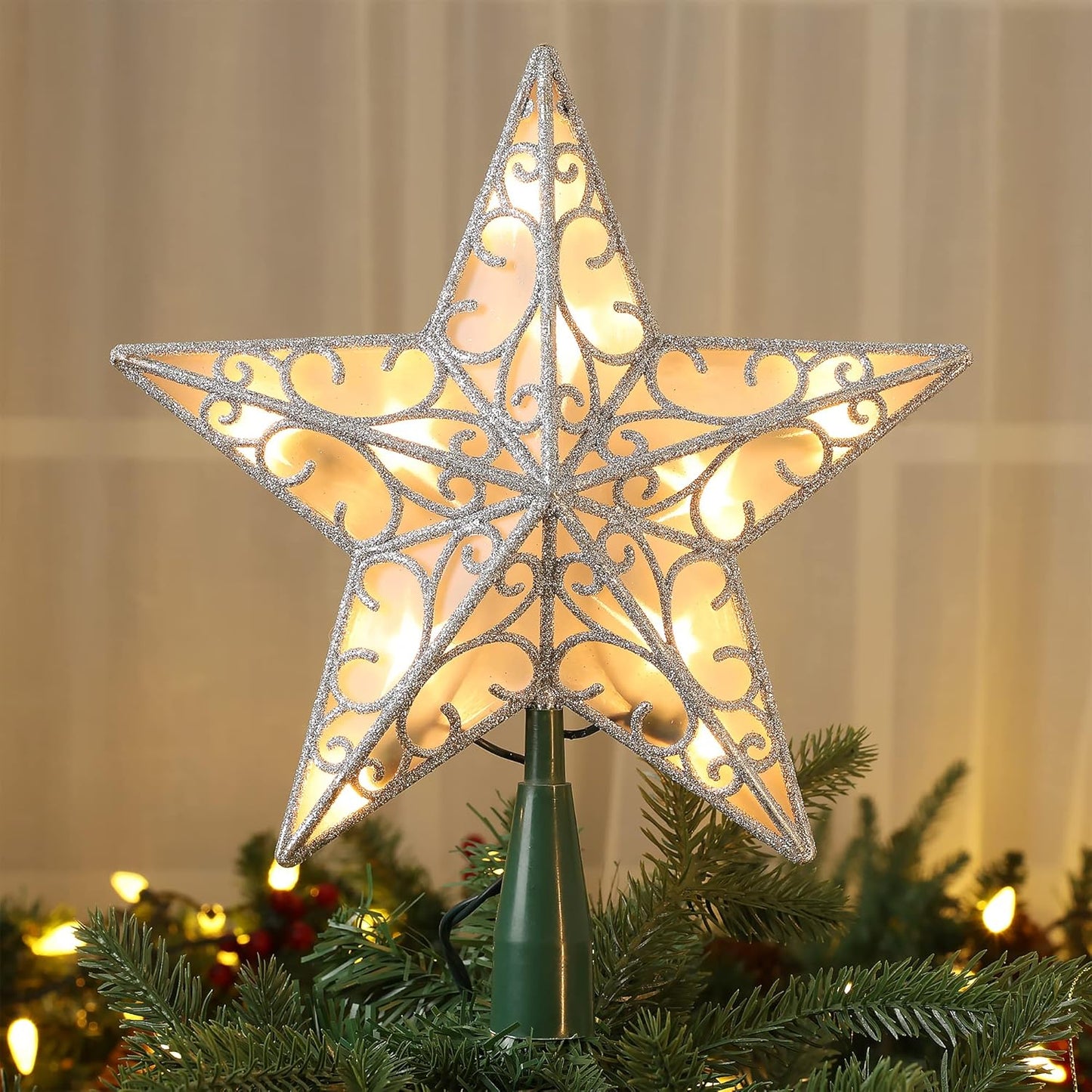 ODEETRONIC Star Christmas Tree Topper, 9.5in UL Certified 3D Star Tree Topper Lights, Double Sided Christmas Tree-top with 10 Count Incandescent Warm White Lights for Xmas Tree New Year Home, Silver