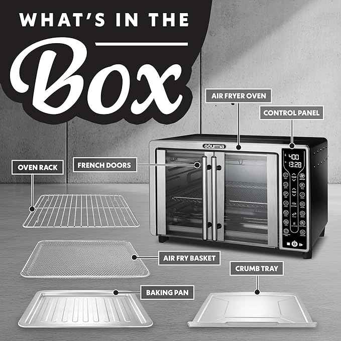 Gourmia French Door Air Fryer – 25 Qt Large Capacity Convection Oven, Fryfroce 360°, Digital Display with 17 Cooking Presets, Bake, Toast, Roast, Dehydrate, Fits 12” Pizza