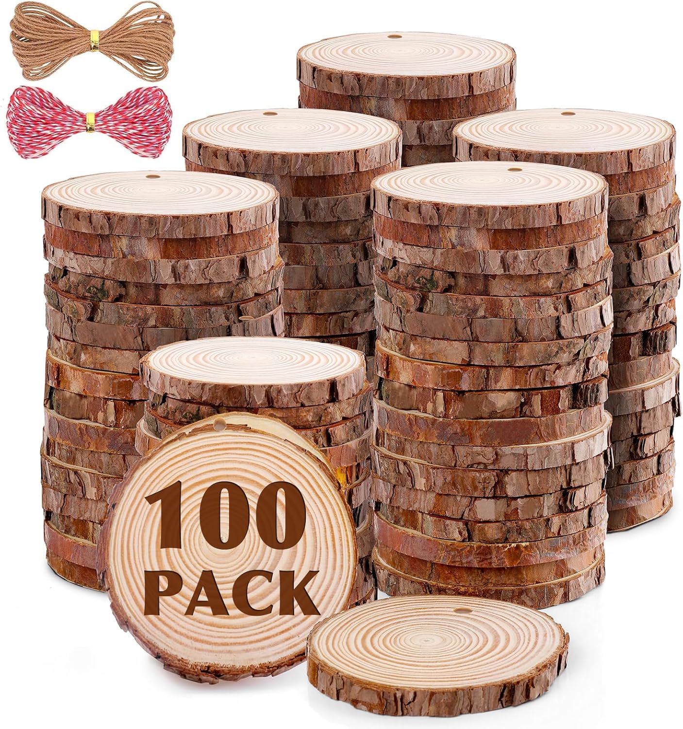 100 Pack Nature Wood Slices for Crafts,2.4-2.8In Unfinished Natural Wood Rounds.Wood Circles Predrilled with Hole and 20m Rope for Wooden Craft Supplies,Painting,Christmas Ornaments,DIY Gifts
