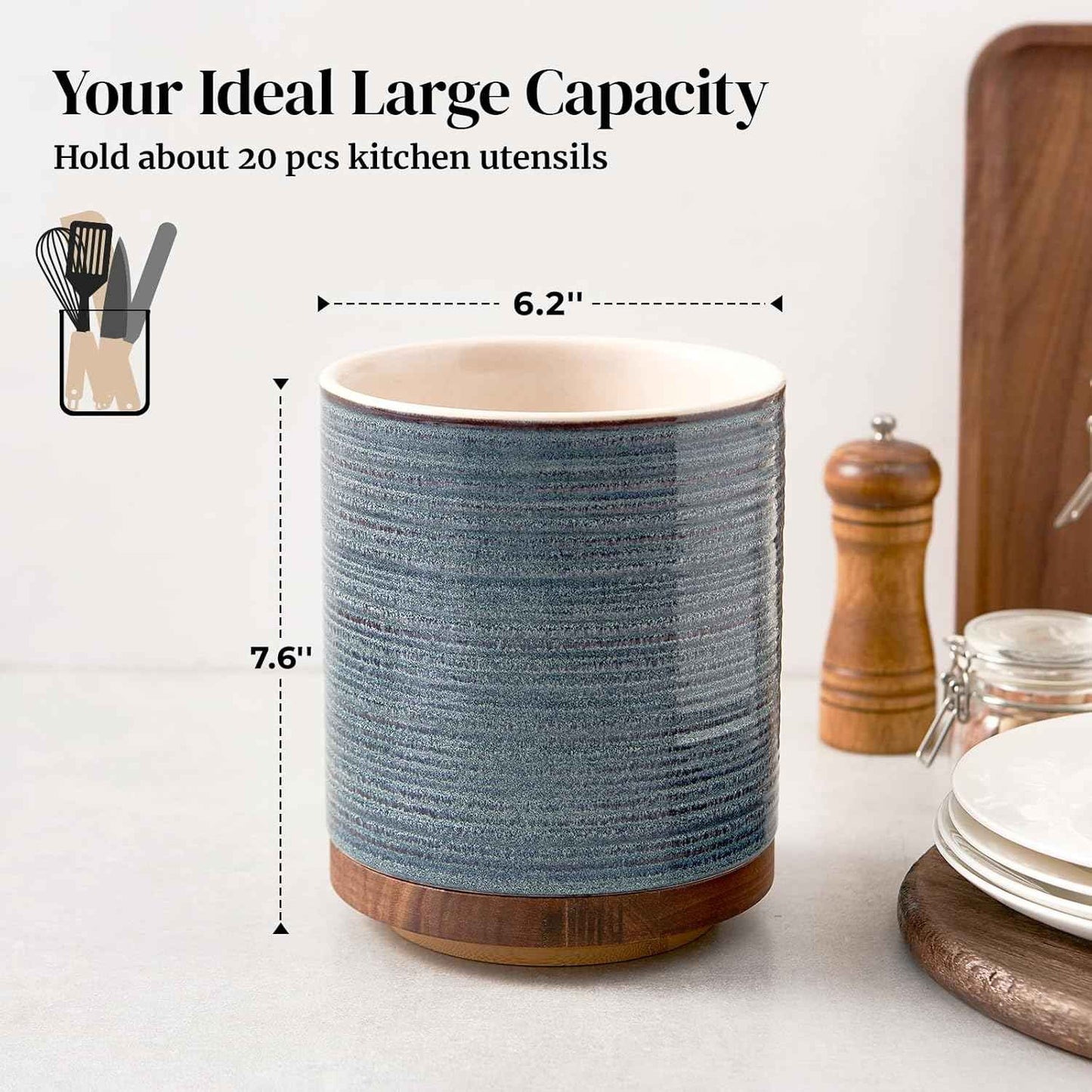DOWAN 360° Rotating Extra Large Cooking Utensil Holder, 7.6" Kitchen Utensil Holder for Countertop, Utensil Crock for Farmhouse Kitchen Decor, Ceramic Stable Utensil Caddy, Blue
