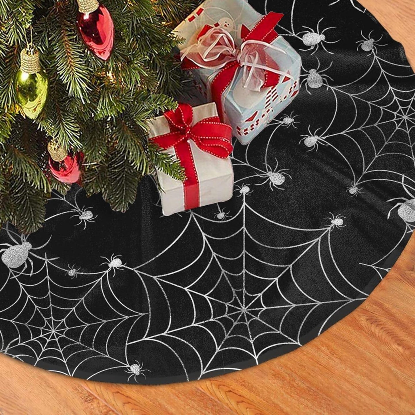 Christmas Tree Skirt,Sliver Spider Web Xmas Tree Skirt Rustic Farmhouse Tree Skirt for Christmas Decor Xmas Holiday Home Party Decorations36