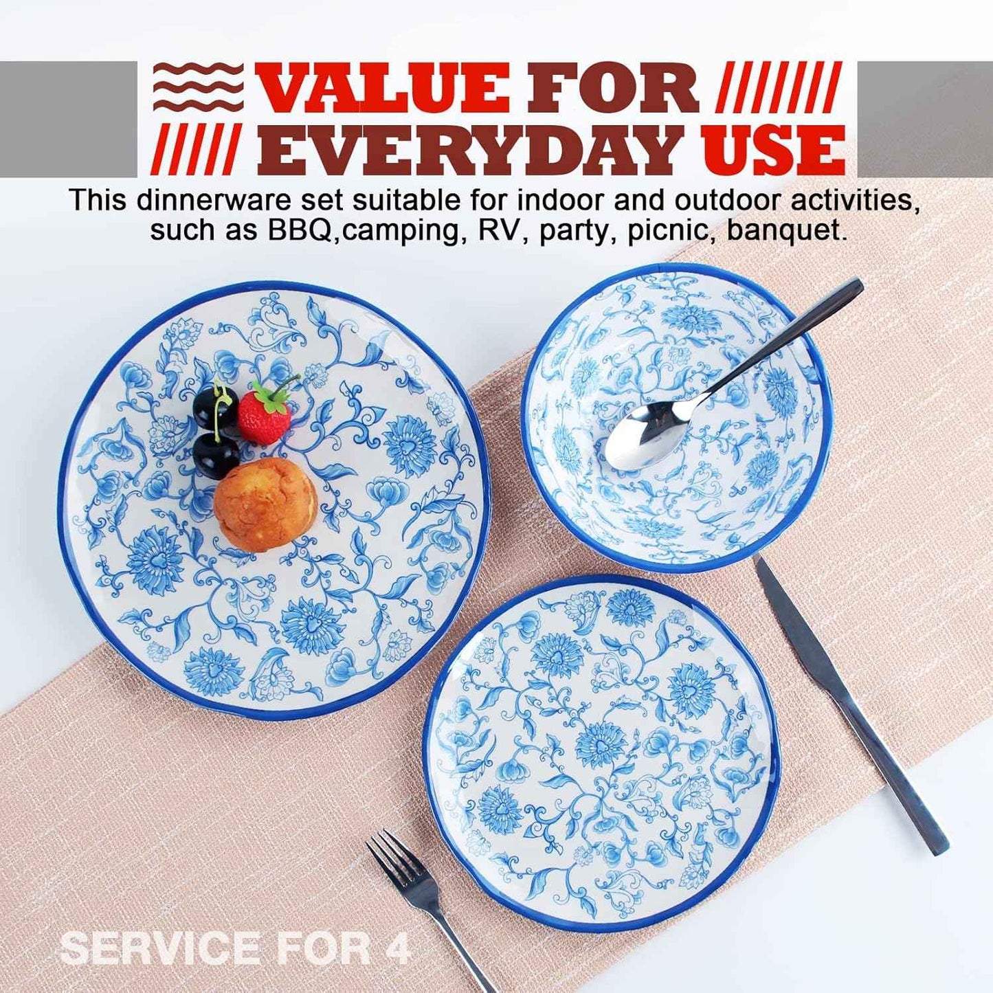Melamine Dinnerware Set for 4-16 Pcs:Camping Dishes Set with Dinner Plates,Salad Plates,Cups and Bowls.Lightweight and Unbreakable.Indoor and Outdoor Use.