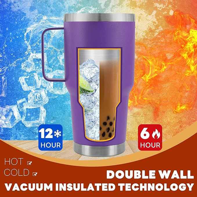 30 oz Tumbler With Handle, Double Wall Stainless Steel Vacuum Insulated Travel Mug with Splash-Proof Lid Metal Straw and Brush (Purple)