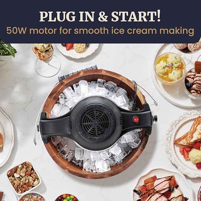 Elite Gourmet EIM418 Old Fashioned 4 Quart Vintage Walnut Wood Bucket, Electric Ice Cream Maker Machine, Uses Ice and Rock Salt Churns Ice Cream in Minutes