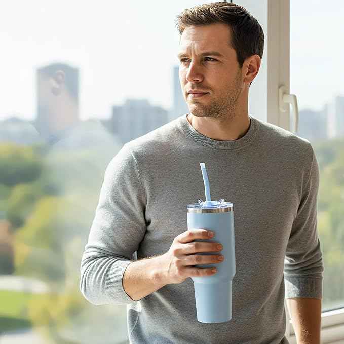 COKTIK 40 oz Tumbler With Handle and Straw, Insulated Tumbler With Leakproof Lids, Stainless Steel|BPA-Free, Cold for 24 H (Silent Sky)