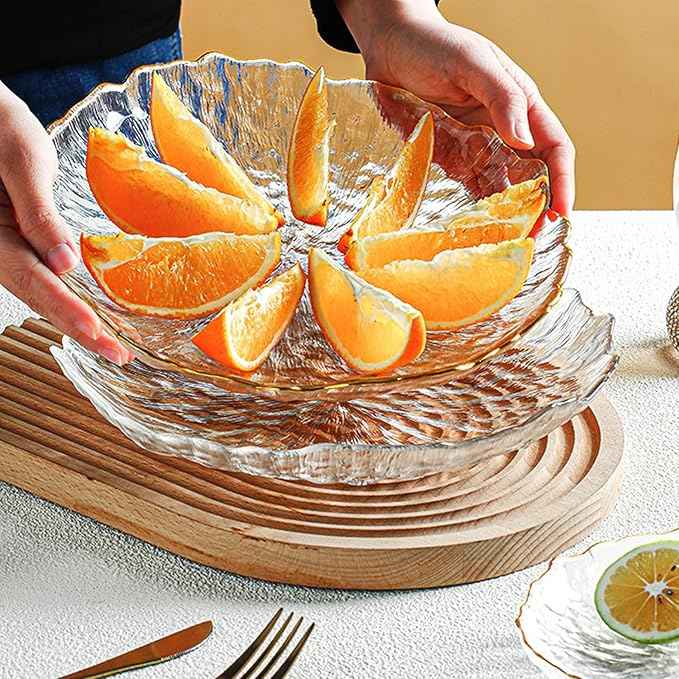 Glass Salad Bowl Irregular Lotus Flower Shape Serving Bowls, Mixing Nut Bowls for Kitchen Fruist, Snack, Dessert, and Ice Cream Candy Dishes (Plate with Gold Rim Crystal Clear, Small)