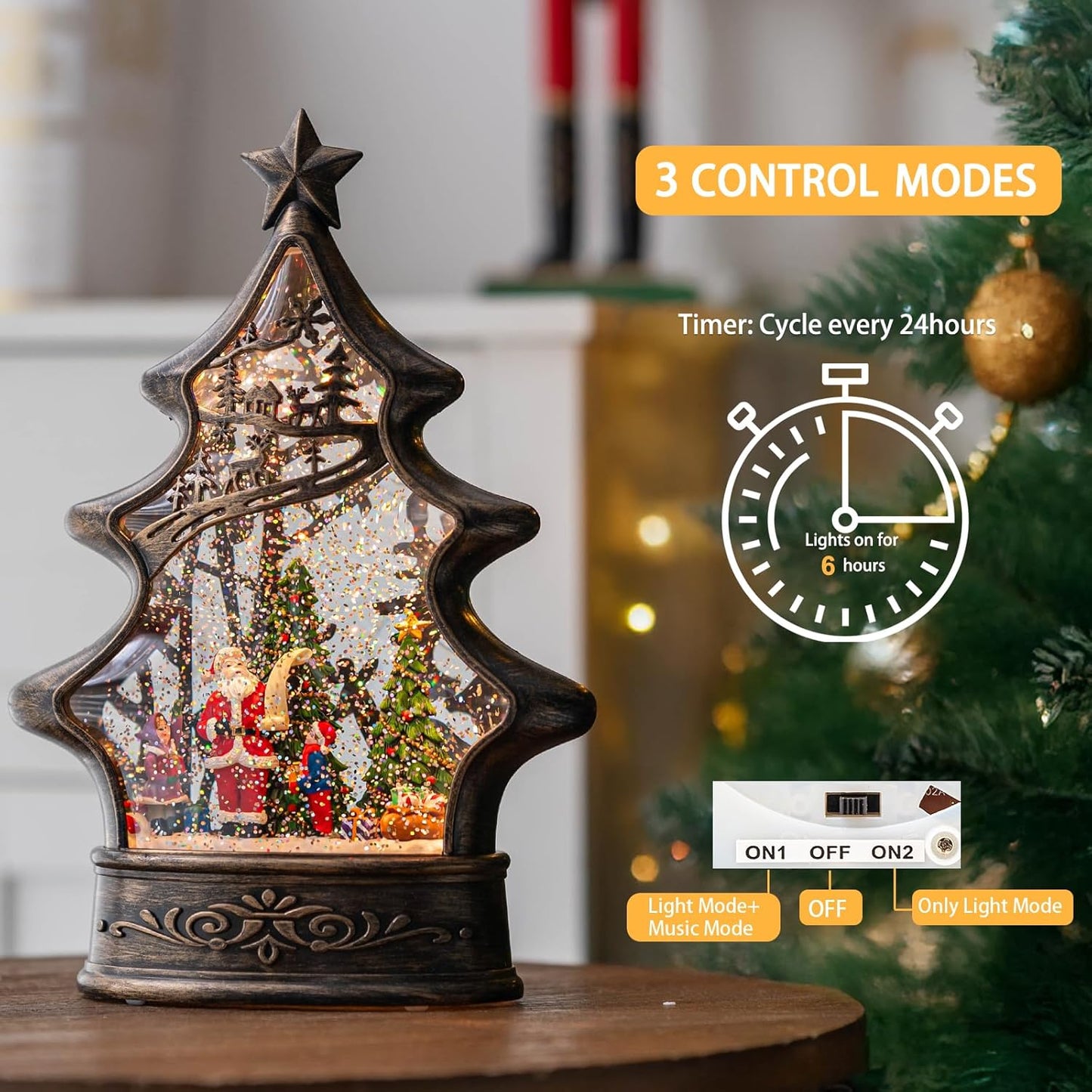 Christmas Snow Globe Lantern Water Glittering Santa's List with Music& Timer, USB Lined/Battery Operated Lighted Lantern for Christmas Festival Decoration Gifts （Santa）