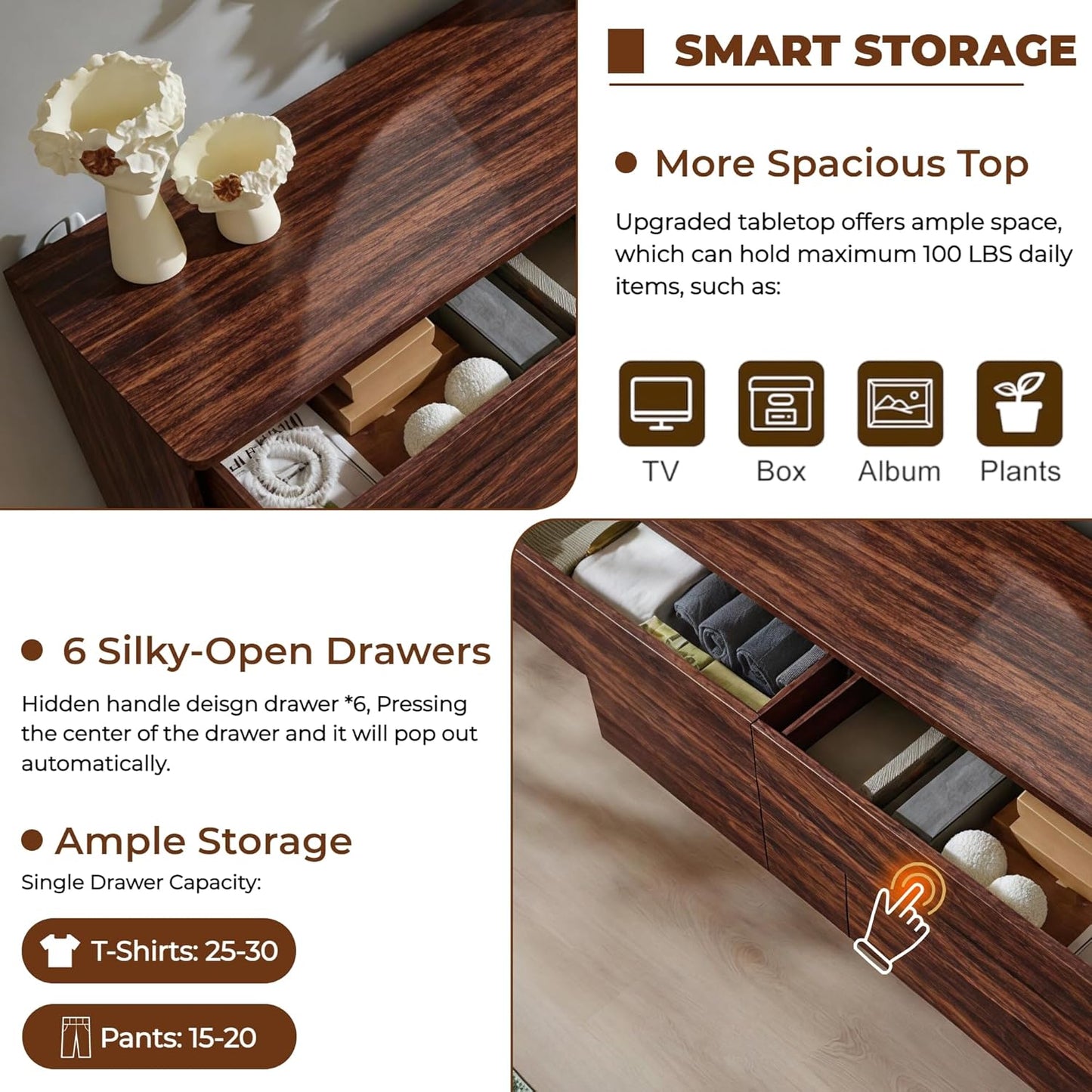 ACCOHOHO 6 Drawer Dresser for Bedroom, 52" Wide Modern Wood Dresser with Hidden Handle Drawers, Large Storage Chest of Drawers, TV Stand for Living Room & Hallway, Curved Profile Design, Dark Walnut