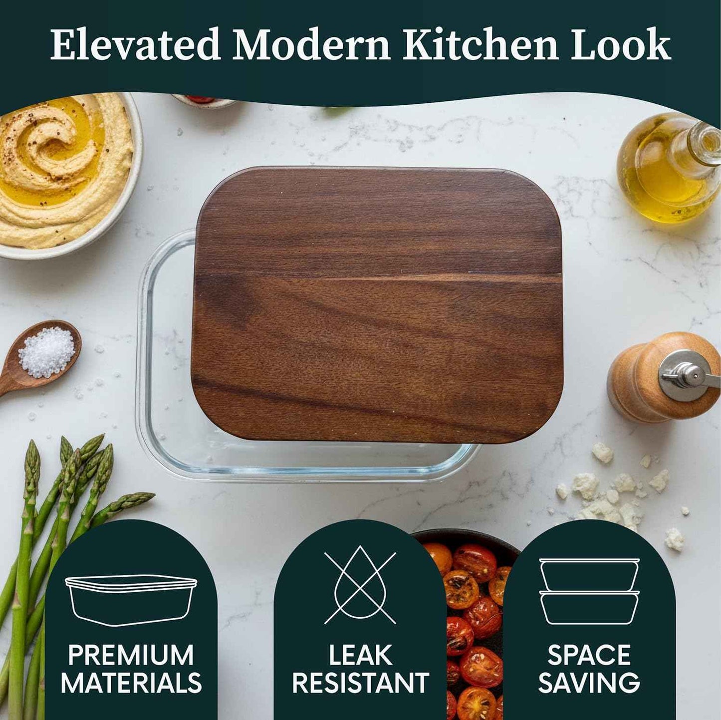 5-Piece Borosilicate Glass Food Storage Containers with Acacia Wood Lids — 35 oz Rectangular Meal Prep & Leftovers Set, Oven, Freezer & Microwave Safe, Plastic-Free