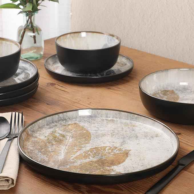 Gibson Elite Chantilly Hill 16-Piece Porcelain Dinnerware Set, Round Plates & Bowls, Multicolor Leaf Design, Microwave & Dishwasher Safe, Service for 4