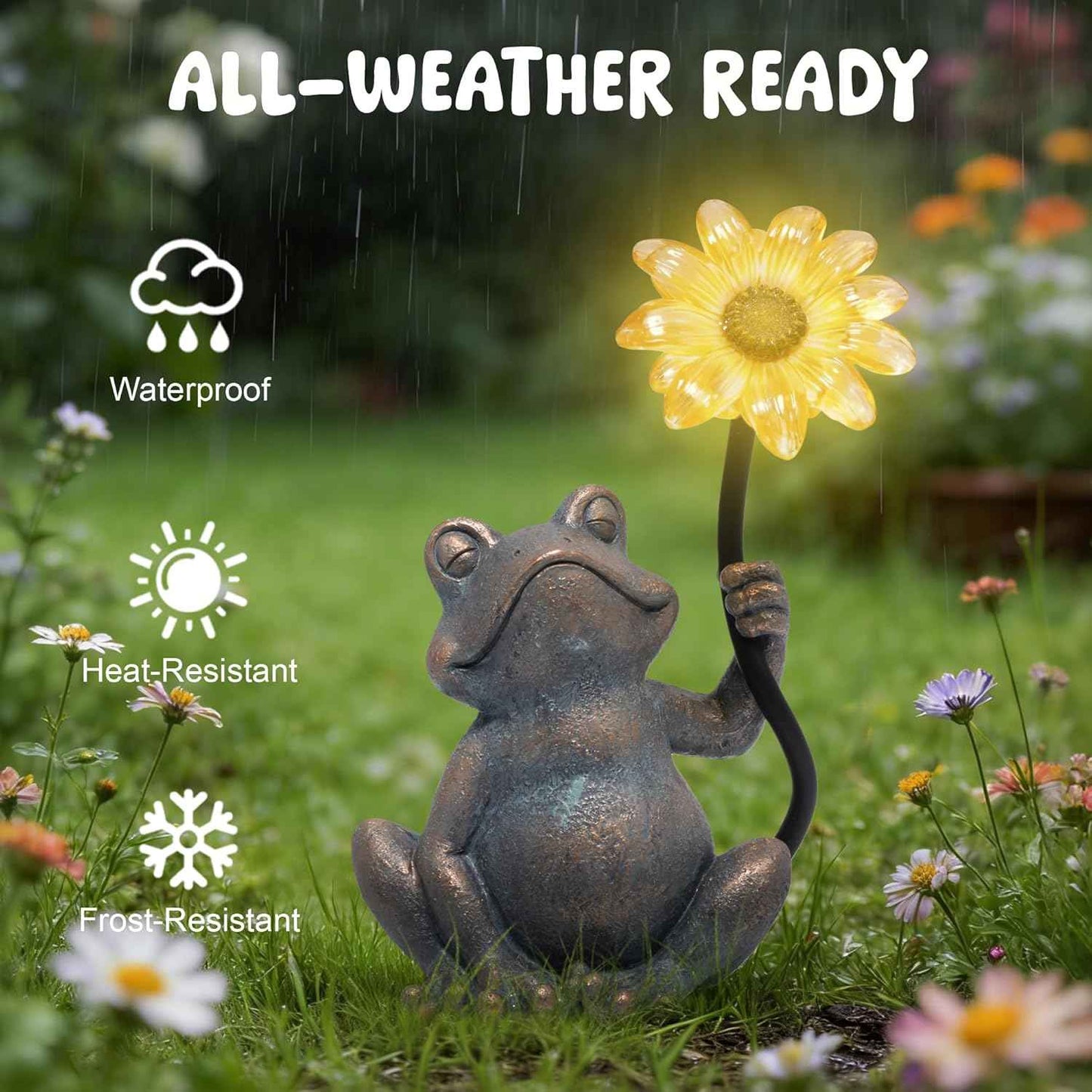 basen Solar Frog Statue with Glowing Sunflower Light, Outdoor Garden Frog Figurine Decor for Yard Lawn Patio, Resin Solar Animal Sculpture with LED Light for Garden Landscape Decoration