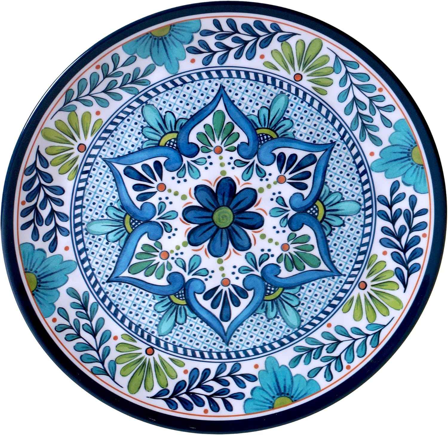 Certified International Talavera 11" Melamine Dinner Plates Feature Vibrant Blue, Green, and Floral Patterns. They are Durable, Lightweight, and Perfect for Indoor and Outdoor Dining, Service for 6.
