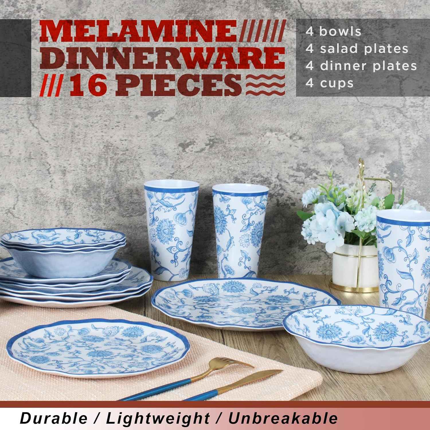 Melamine Dinnerware Set for 4-16 Pcs:Camping Dishes Set with Dinner Plates,Salad Plates,Cups and Bowls.Lightweight and Unbreakable.Indoor and Outdoor Use.