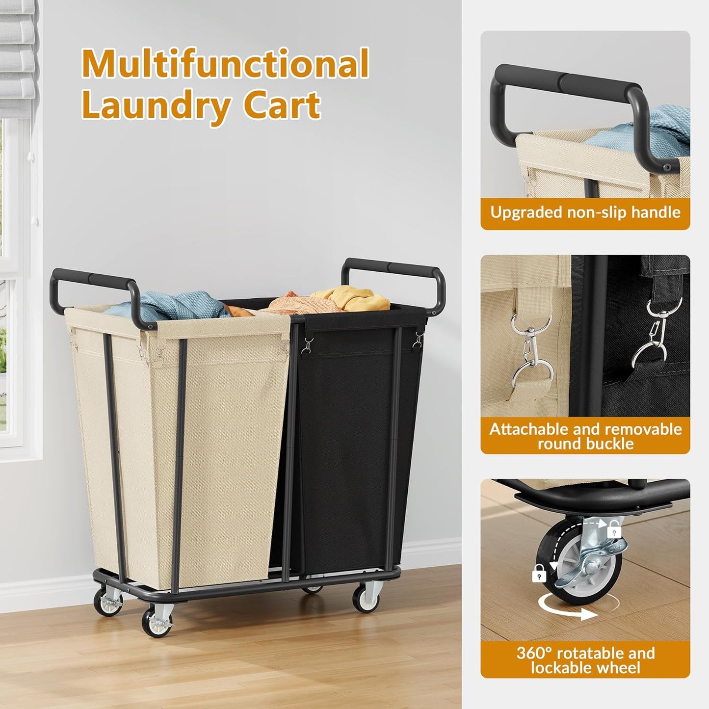 Gewudraw Large Laundry Hamper with Wheels, 2 Bag 360L Big Rolling Laundry Basket Sorter Cart, Extra Large Clothes Hamper, Heavy Duty Laundry Basket Organizer for Laundry Room, Bathroom