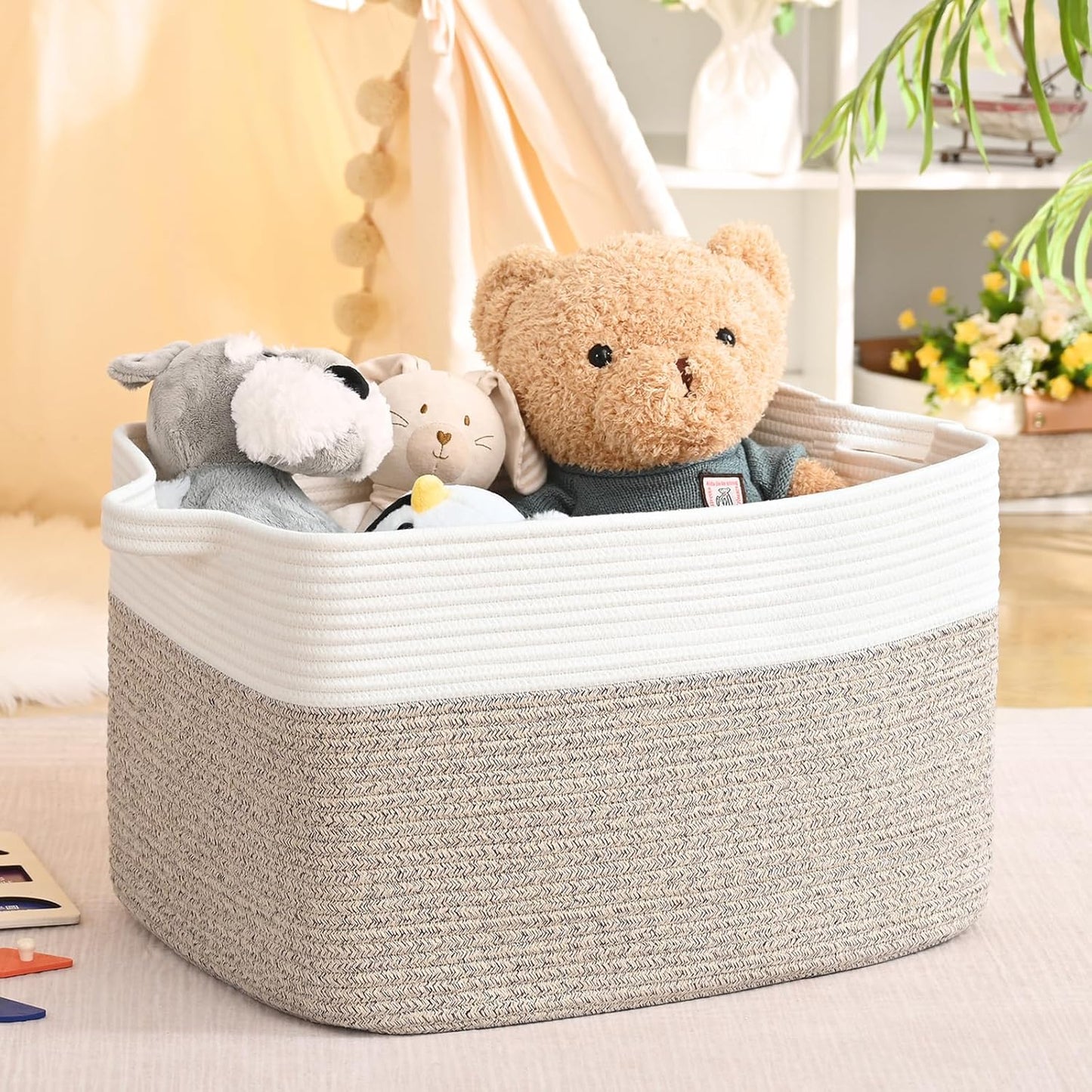 Large Blanket Basket, 60L Storage Baskets for Organizing, Woven Laundry Basket for Blankets, Cotton rope Blanket Storage for Living Room, Nursery Room, 19.7" L x 15.74" W x 11.8" H, Brown