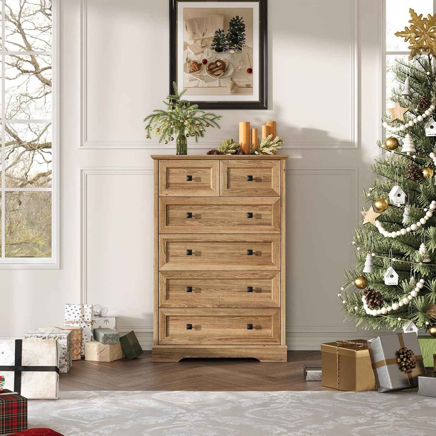 Farmhouse 6 Drawers Dresser Chests for Bedroom, Rustic 6 Chest of Drawers, Wood Dressers Organizer for Closet, Modern Storage Organizer Cabinet for Living Room, Hallway, Entryway, Natural Oak