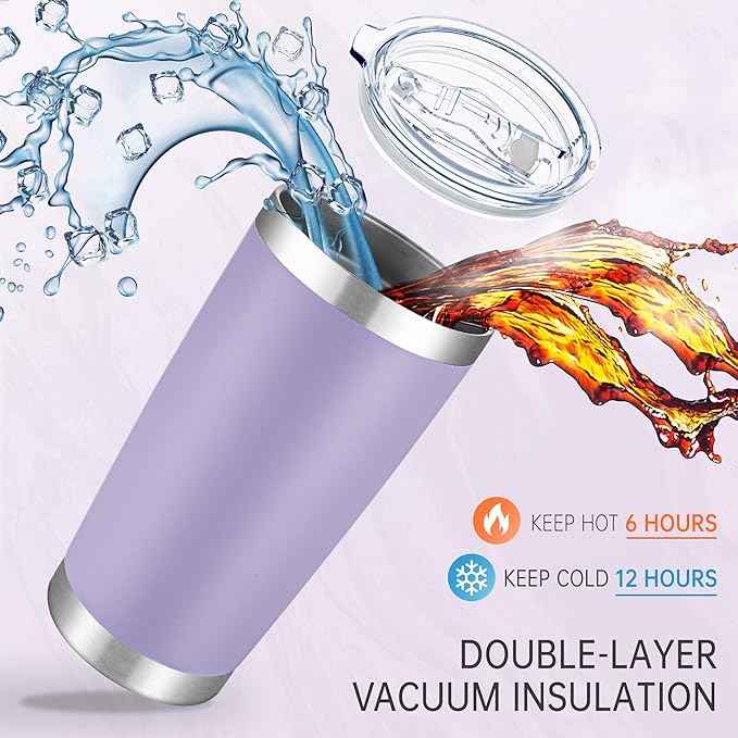 20 oz Tumblers Bulk Stainless Steel Tumbler with Lid Double Wall Vacuum Insulated Coffee Mug 20oz Powder Coated Cup for Hot and Cold Drinks, Purple, 6 pack