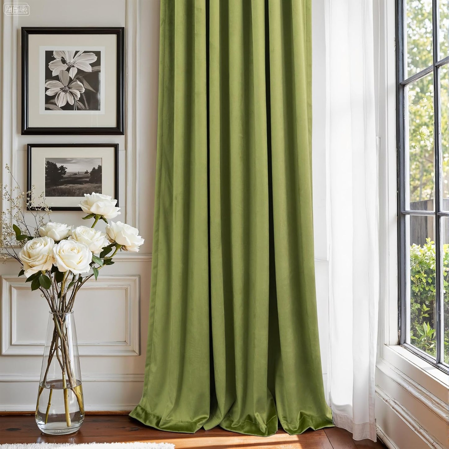 Moss Green Velvet Curtains 84 Inch Long 2 Panel Thick Soft Luxury Sage Olive Green Curtain for Living Room Darkening Thermal Insulated Privacy Drape Bedroom Sliding Door 52x84 Floor Length Back Tab