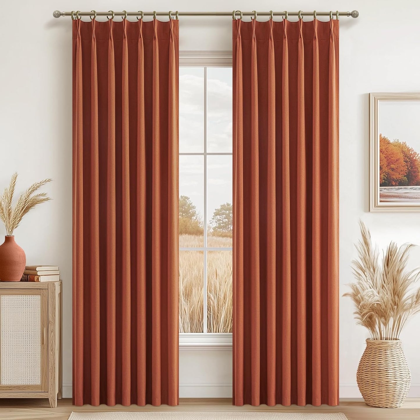 Fall Burnt Orange Curtains Pinch Pleated Blackout 84 Inches Long 2 Panels Set,Terracotta Autumn Color Decor Retro for Living Room Antique Copper Rust Boho 70s Window Linen Drapes (W40 xL84)