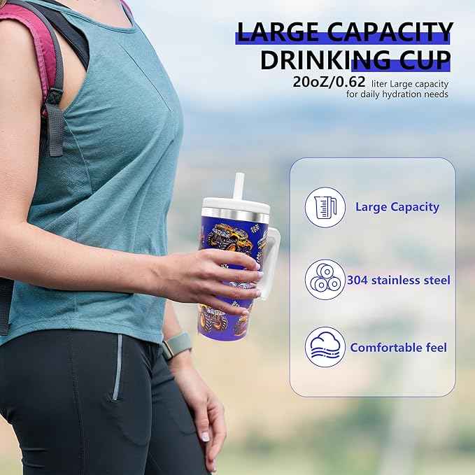 20-OZ Insulated Water Bottle,Insulated Stainless Steel Tumbler,Reusable Cold Drink Thermos,BPA-Free, Double-Wall Stainless Steel Water Bottle (Dark blue-Monster truck, 20, Fluid Ounces)