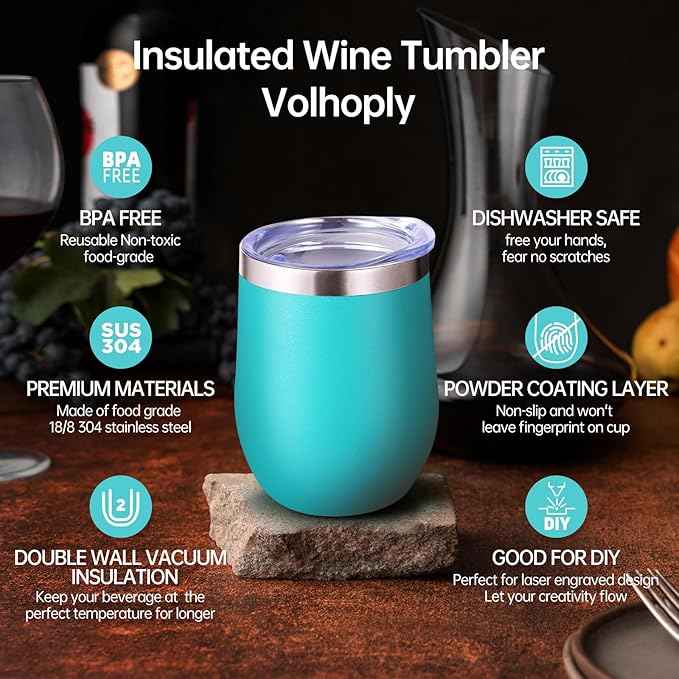 Volhoply 12oz Stainless Steel Wine Tumbler with Lid Bulk 8 Pack,Double Wall Vacuum Stemless Wine Glasses,Reusable Metal Travel Coffe Mug with Straw,Insulated Cup Gifts for Women,Christmas（Green,8 Set）