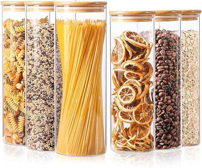 ComSaf Glass Food Storage Jars Set of 6, Tall Glass Storage Containers with Lids, Spaghetti Jar, Canisters Set for the kitchen, Pasta, Flour, Nuts, Oat, Coffee and Sugar Container, Pantry Organization