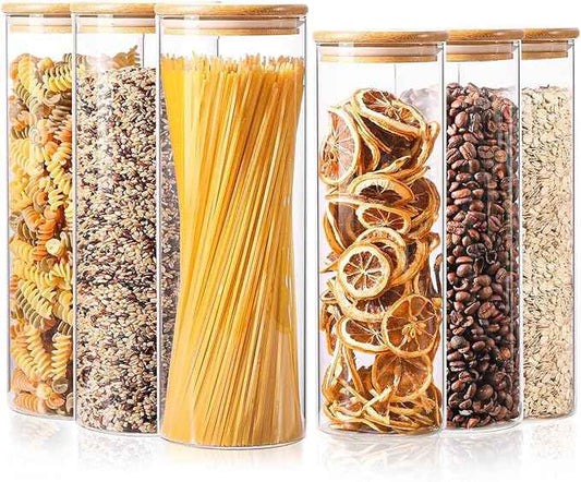 ComSaf Glass Food Storage Jars Set of 6, Tall Glass Storage Containers with Lids, Spaghetti Jar, Canisters Set for the kitchen, Pasta, Flour, Nuts, Oat, Coffee and Sugar Container, Pantry Organization