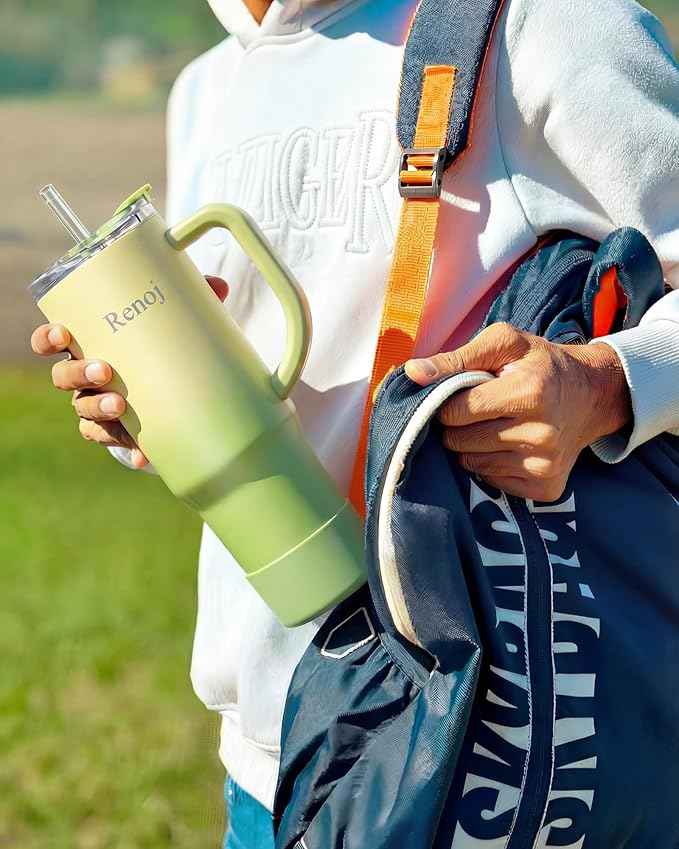 Renoj Insulated Mug 100% Leak Proof Insulated Water Bottle for Iced Coffee & Hot Drinks - Fits Car Cup Holder, Ideal Gift, 2 Straws & Silicone Boot - SnapShift Green Gradient 32 oz