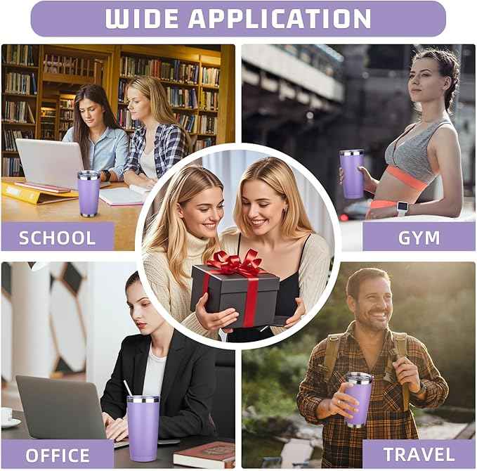20 oz Tumbler with Lids and Straws, Stainless Steel Insulated Travel Coffee Mug, Double Wall Vacuum Insulated Tumblers, Powder Coated Coffee Tumbler for Cold & Hot Drinks (Light Purple)