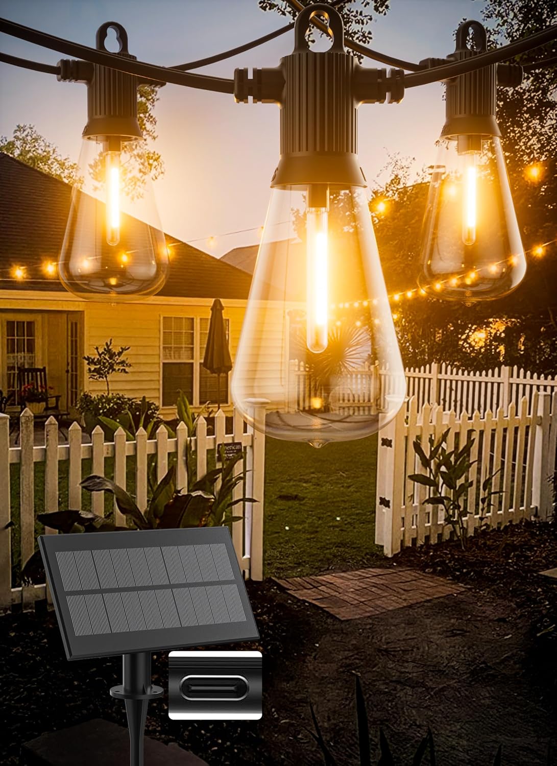 Solar String Lights Outdoor Waterproof 100FT with USB Port and 52 Shatterproof ST38 Bulbs(2 Spare), LED Solar Powered Patio Lights for Outside, Porch, Backyard, Gazebo, Garden(Warm White)