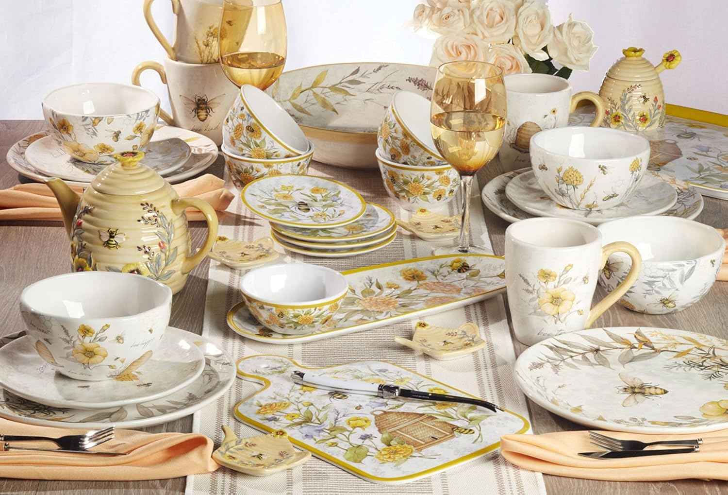 Certified International Bee Sweet 12-Piece Melamine Dinnerware Set, Service for 4, Bee & Floral Plates and Bowls, Durable Shatterproof Outdoor Tableware for Spring & Summer Entertaining