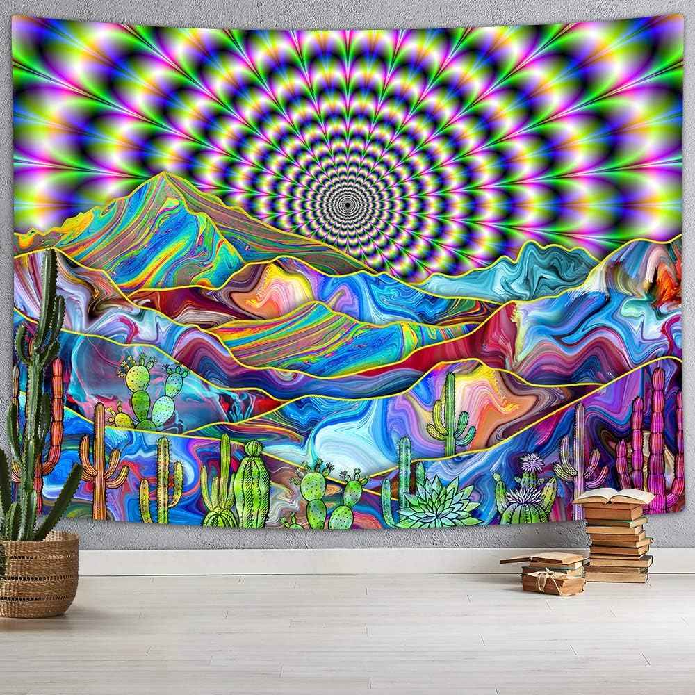 DYNH Psychedelic Mountain Cactus Tapestry - Trippy Mystic Surreal Abstract Colorful Landscape - Hippie Boho Wall Hanging for Bedroom Dorm,60X40IN