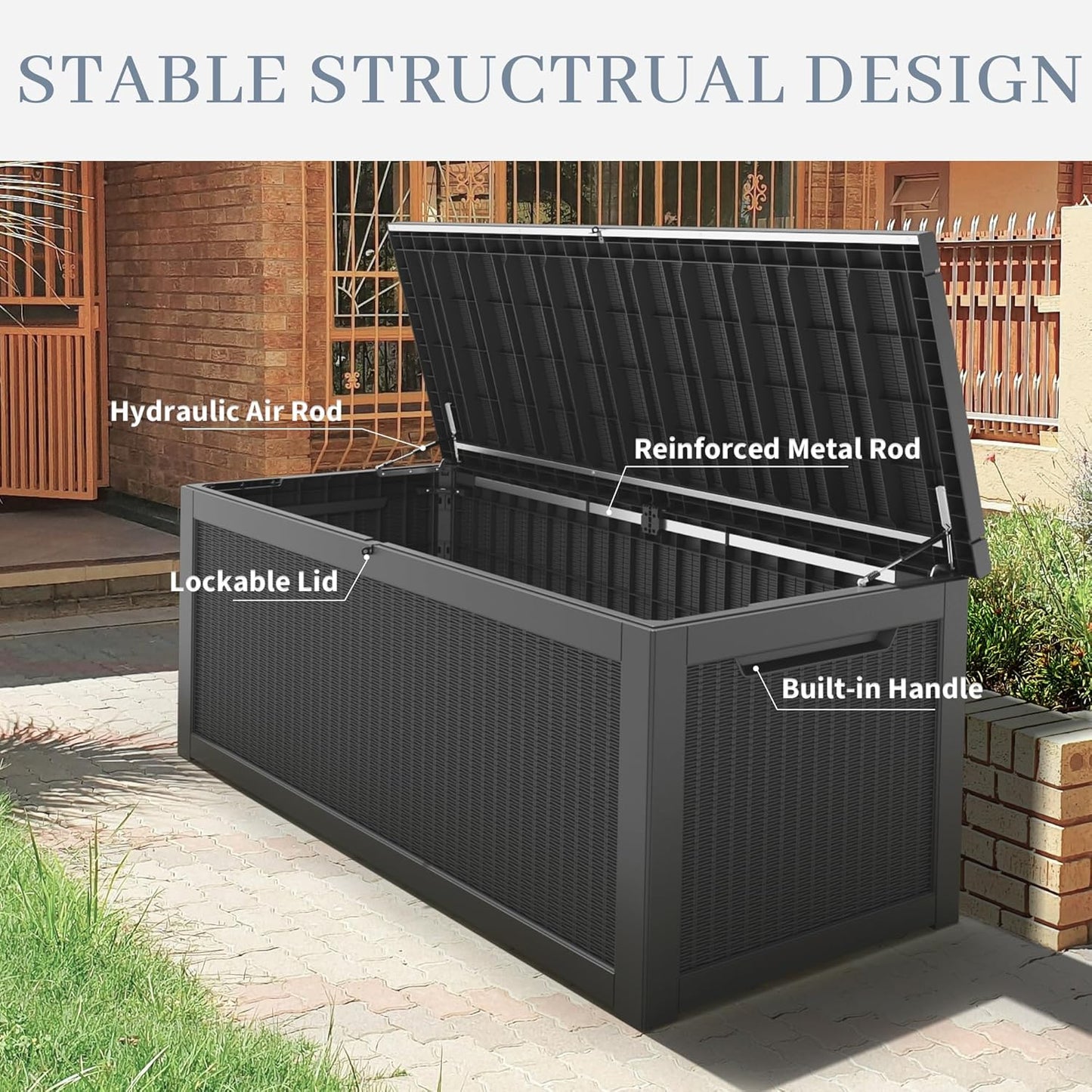 320 Gallon Outdoor Storage Box, Resin Deck Boxes Outdoor Waterproof For Patio Furniture, Garden Tools, Pool Supplies, Lockable And UV Resistant (Rattan Black)