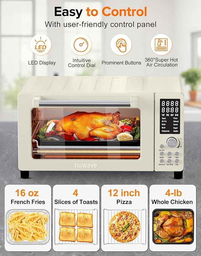 Nuwave Bravo Pro Smart Air Fryer Toaster Oven Combo, Airfryer Convection Oven Countertop, 10-in-1 Functions with Quicker & Even Crisp Technology, 1800W, 50-450°F, PFAS-Free, 21QT, Vanilla Cream