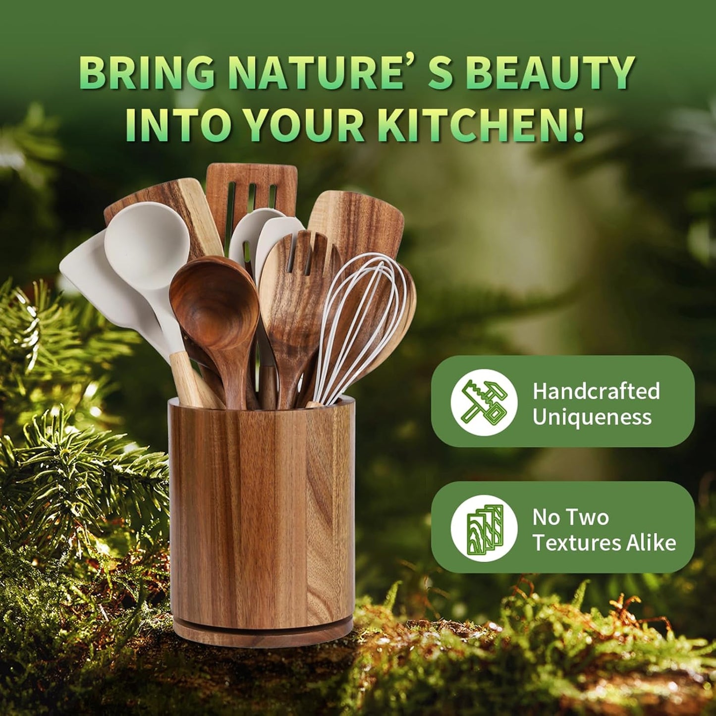 Wooden Utensil Holder, 360°Rotating 7.3'' Large Utensil Holder for Kitchen Counter, Kitchen Utensil Organizer, Utensil Crock, Farmhouse Kitchens Countertop Decor, Acacia Wood