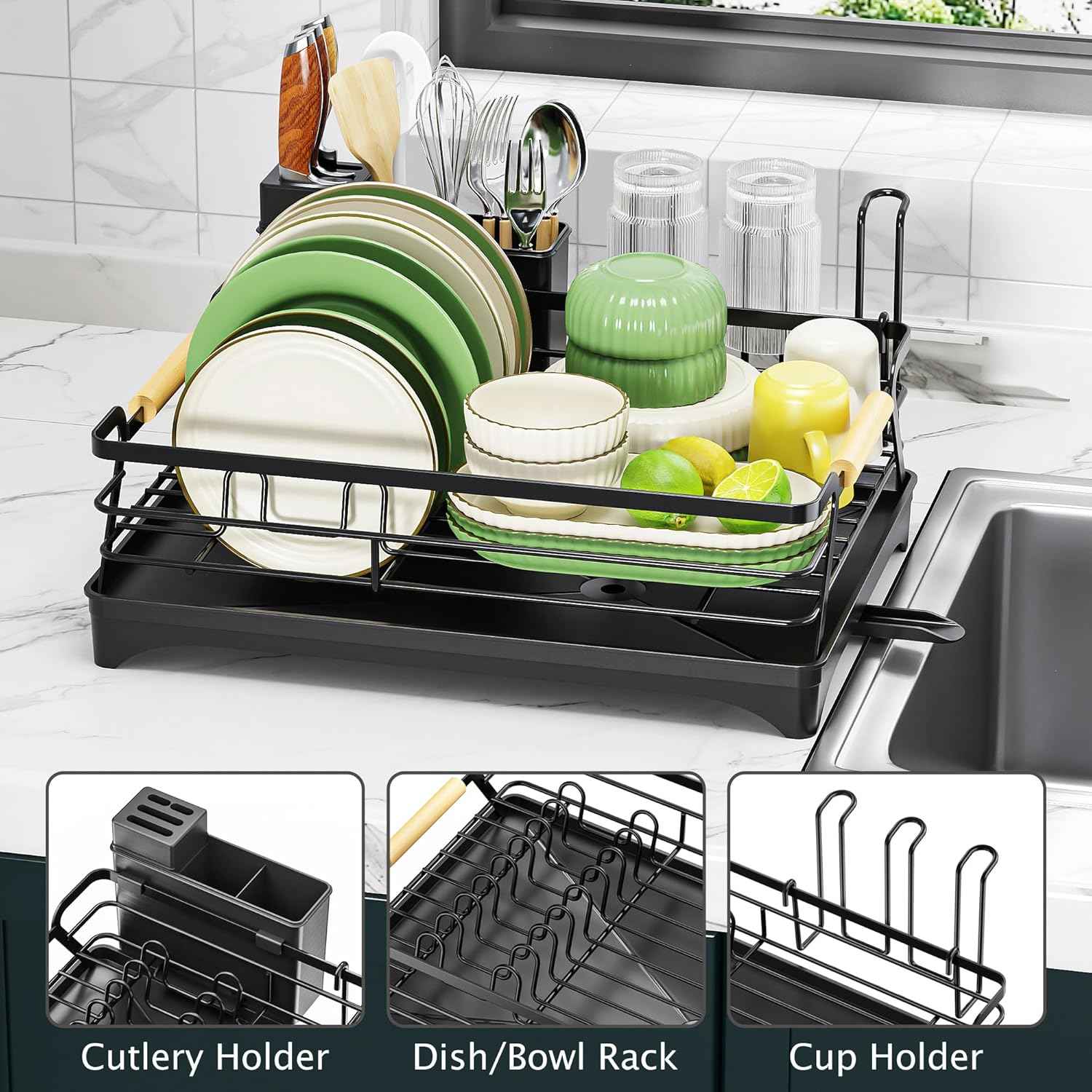 Epicano Dish Drying Rack for Kitchen Counter - Large Capacity Dish Rack with Wooden Handle,Cup Holder & Knife Slots, Rustproof Dish Drainer with Auto-Drainage System, Kitchen Sink Organizer, Black