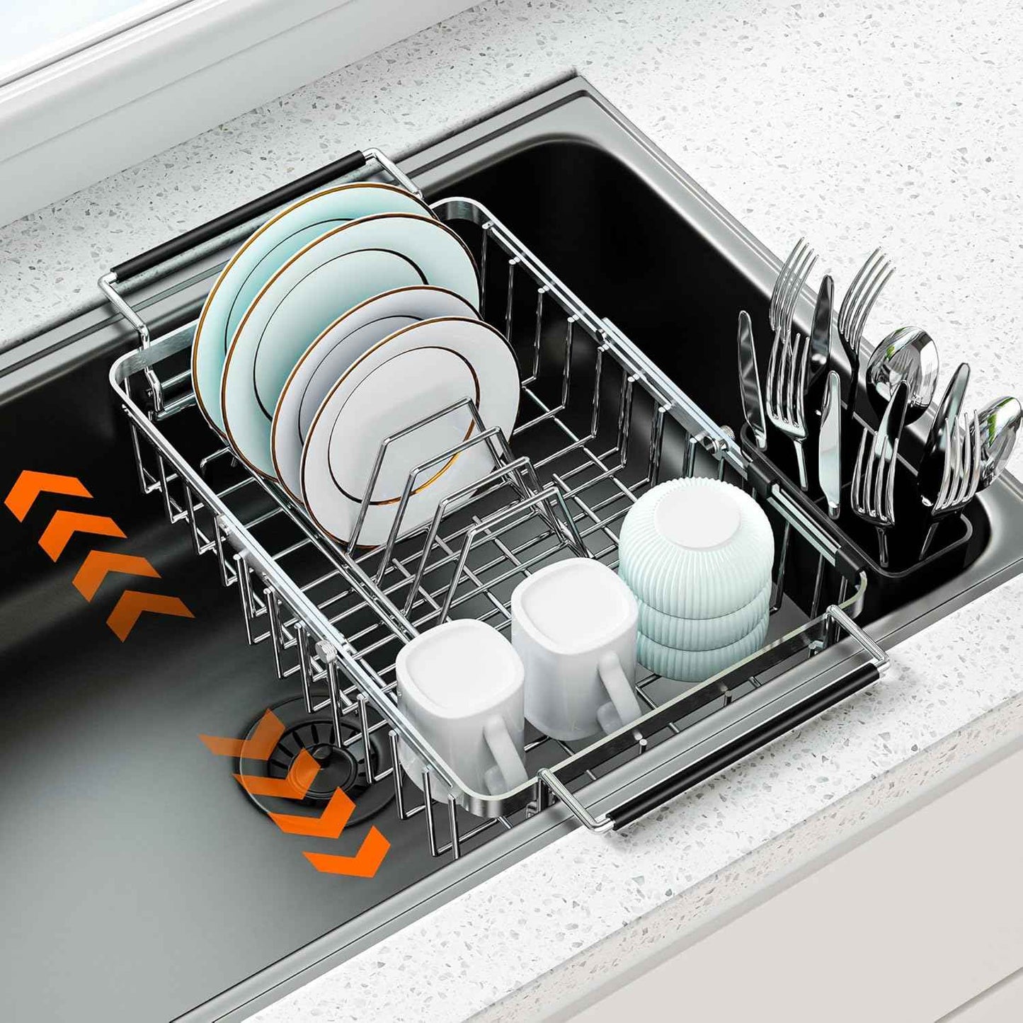 Expandable Dish Drying Rack in Sink,Stainless Steel Over The Sink Dish Drainer Drying Rack for Kitchen Counter,with Utensil Holder,Silver