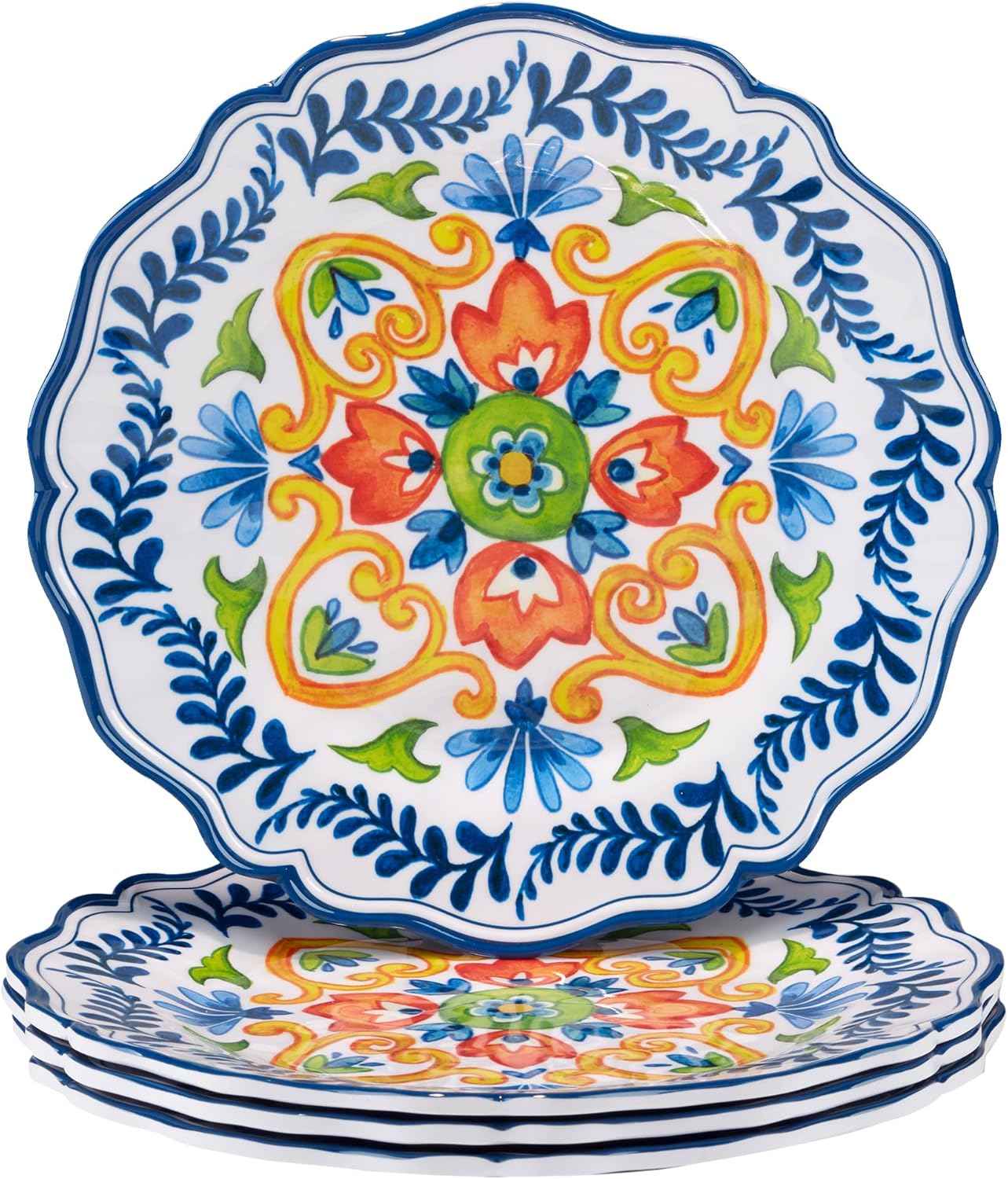 Flores Melamine Dinner Plates, Set of 4 – Colorful Outdoor Dinnerware, Break-Resistant & Dishwasher Safe, Great for Patio, RV, and Everyday Dining